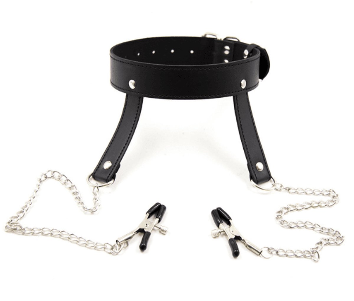 Adultshop - BDSM Collar met Tepelklemmen - Collar met Tepelklemmen en Zilveren Ketting | Zwart PU Leder Halsband | Verstelbaar 35-50cm