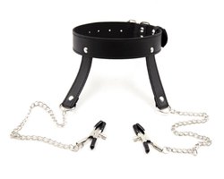 Adultshop - BDSM Collar met Tepelklemmen - Collar met Tepelklemmen en Zilveren Ketting | Zwart PU Leder Halsband | Verstelbaar 35-50cm