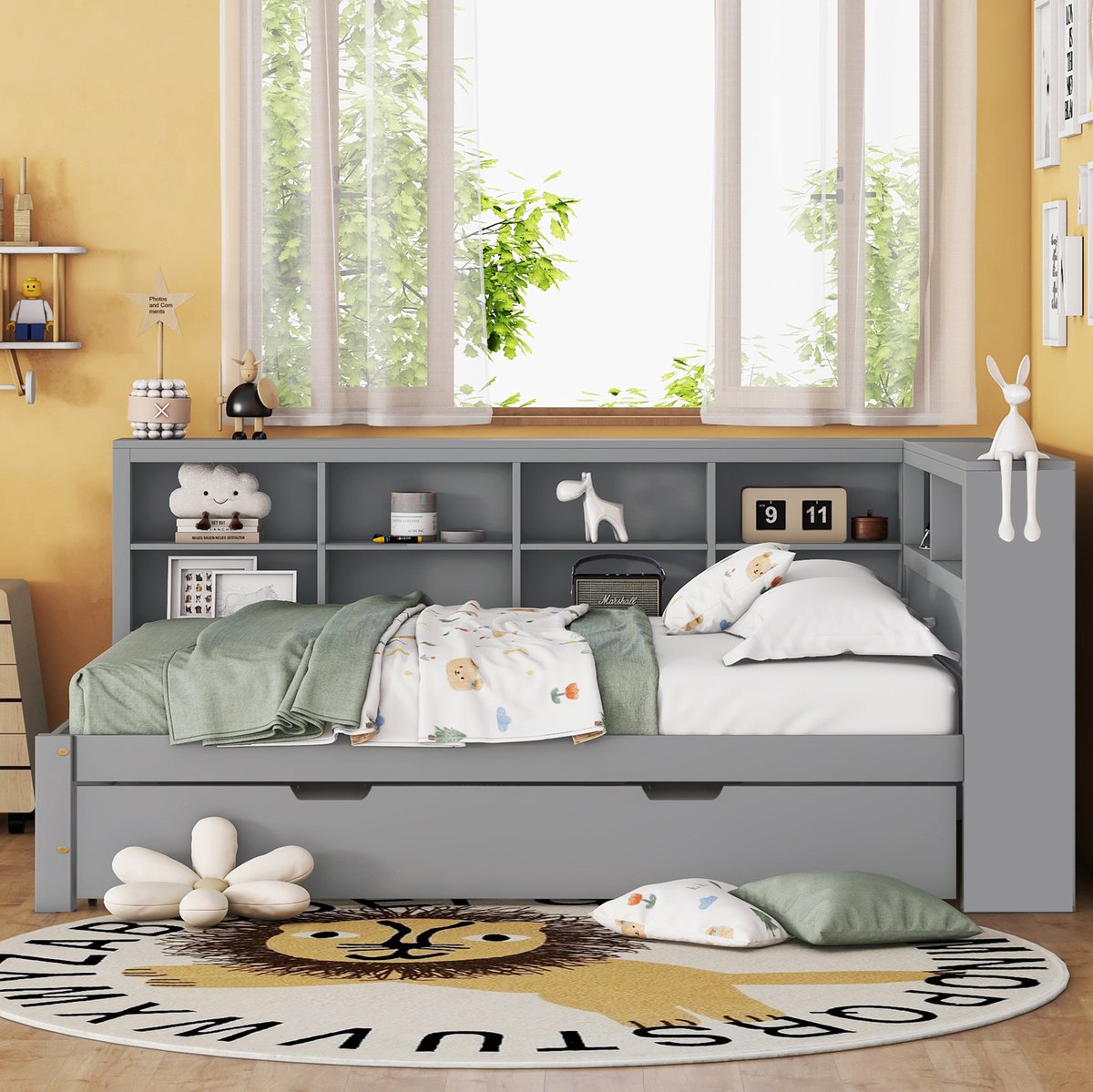 MEUNIQ slaapbank 140x200 cm met uitschuifbed 90x190 cm, USB-aansluiting en opbergvakken, houten bedframe met lattenbodem voor slaapkamer of logeerkamer, grijs
