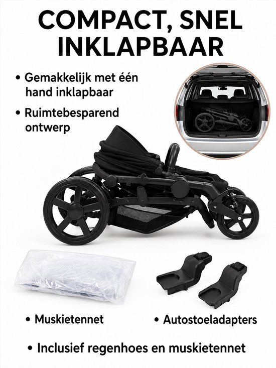 3-in-1 kinderwagen reissysteem - Kinderwagen en buggy met autostoeltje - Lichtgewicht, opvouwbaar en compact - Schokdempende wielen - Omkeerbare zitting - Verstelbare rugleuning en duwstang - UV-bescherming - Ruime opbergmand - Zwart — afbeelding 5