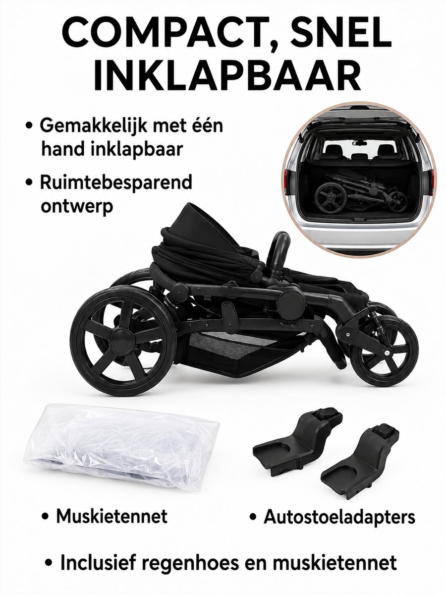3-in-1 kinderwagen reissysteem – Kinderwagen en buggy met autostoeltje – Lichtgewicht, opvouwbaar en compact – Schokdempende wielen – Omkeerbare zitting – Verstelbare rugleuning en duwstang – UV-bescherming – Ruime opbergmand - Zwart thumbnail 5