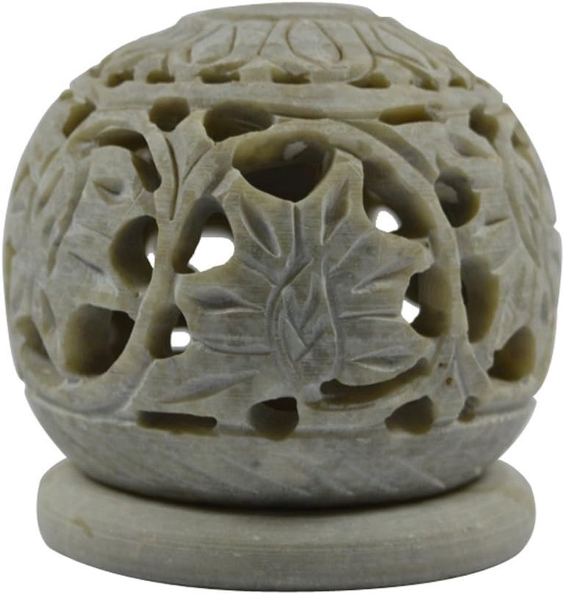 Zeepsteen Theelichthouder - Kaarshouder Steengoed - Sfeerverlichting Creëren - Handgemaakt Floral Carving - 310 Gram - Zwart