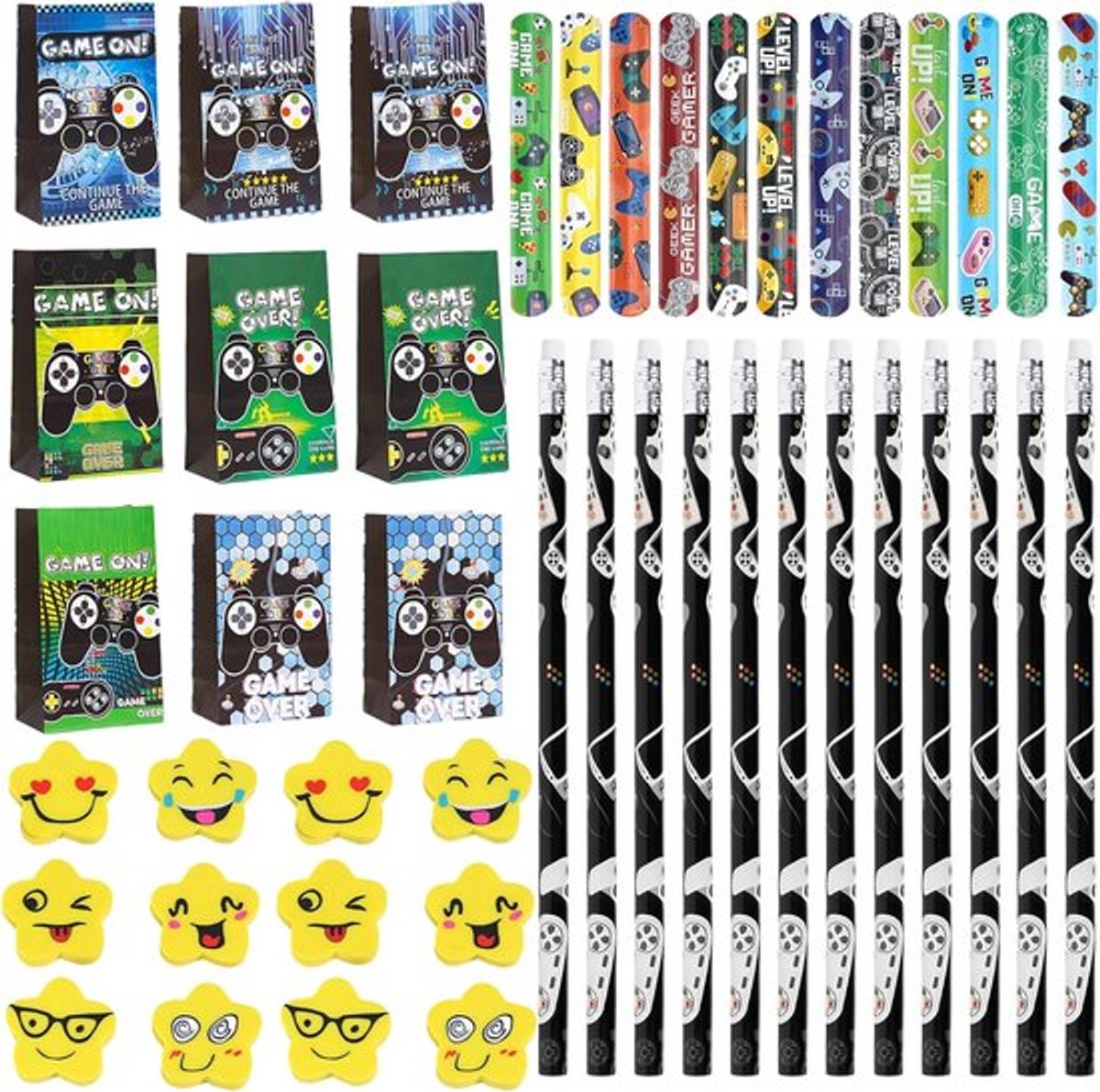Videogame cadeau met potloden - gummetjes - speelgoedtassen - armbanden - verjaardagscadeau - cadeau voor gamers met Cartoon Motieven
