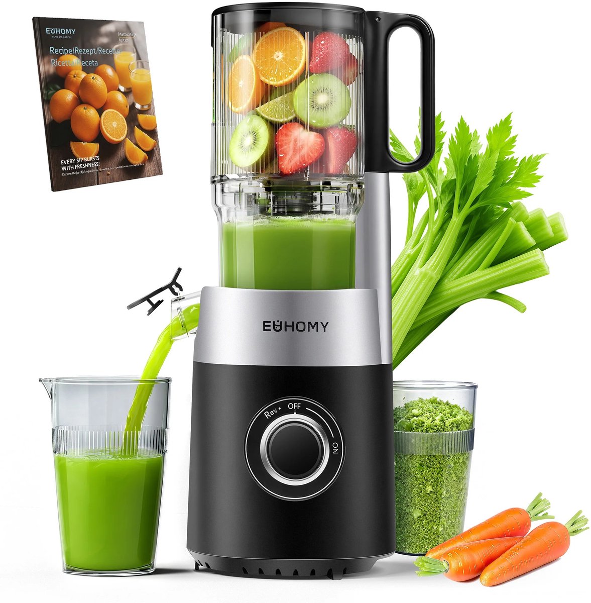 ITRONIQ Slowjuicer Koud Persen - 220W Slow Juicer - 1,8L - 135 mm XL Vulopening - Whole Fruit Juicer - BPA Vrij - Zwart