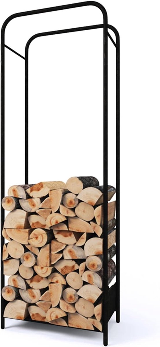 Houtrek Organizer - Hout Opslag - Haardhout Opslaan - Zware Stalen Constructie - 42x35x120cm - Zwart