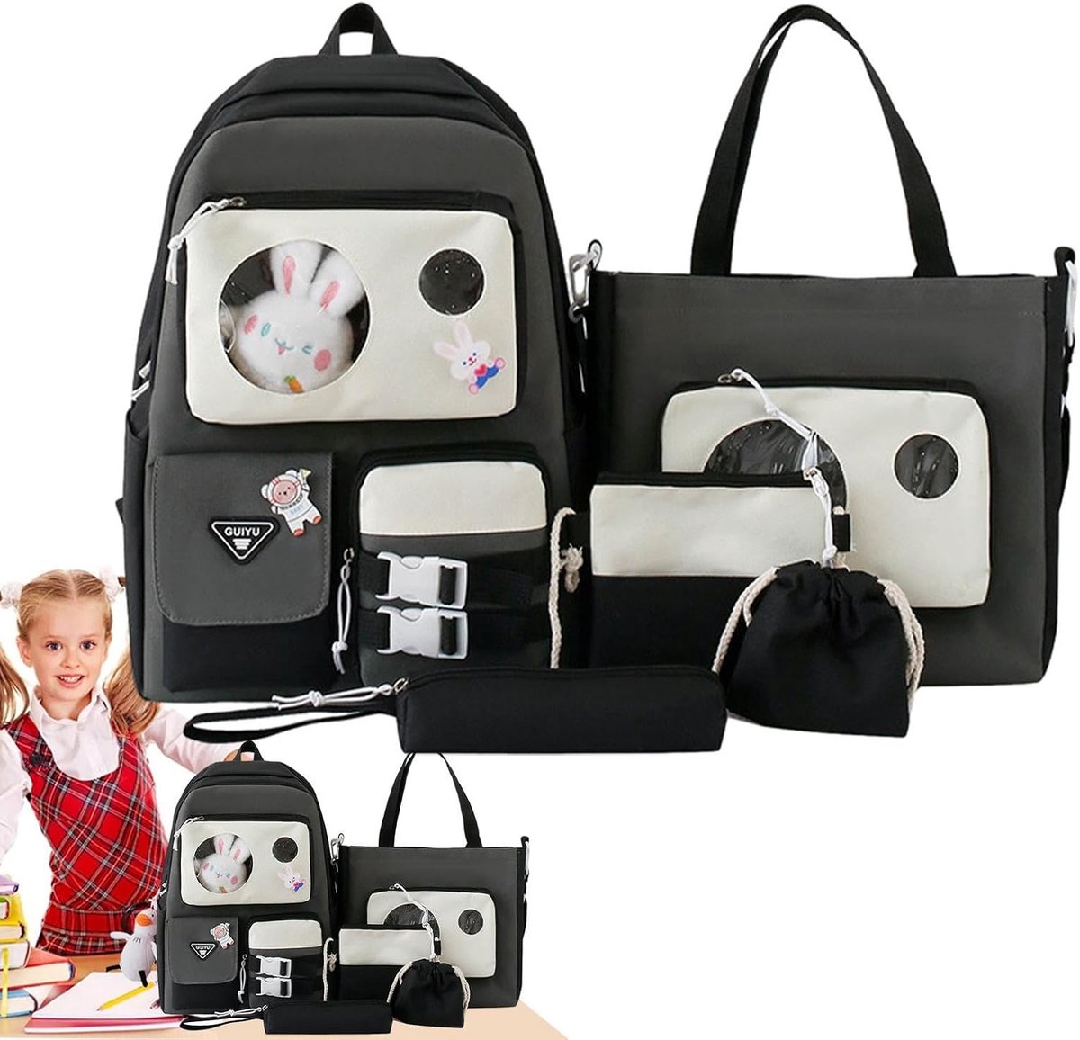 Leuke tassenset - Schooltassen set - School Esthetiek - Met hanger pin - 5 stuks - Zwart en wit