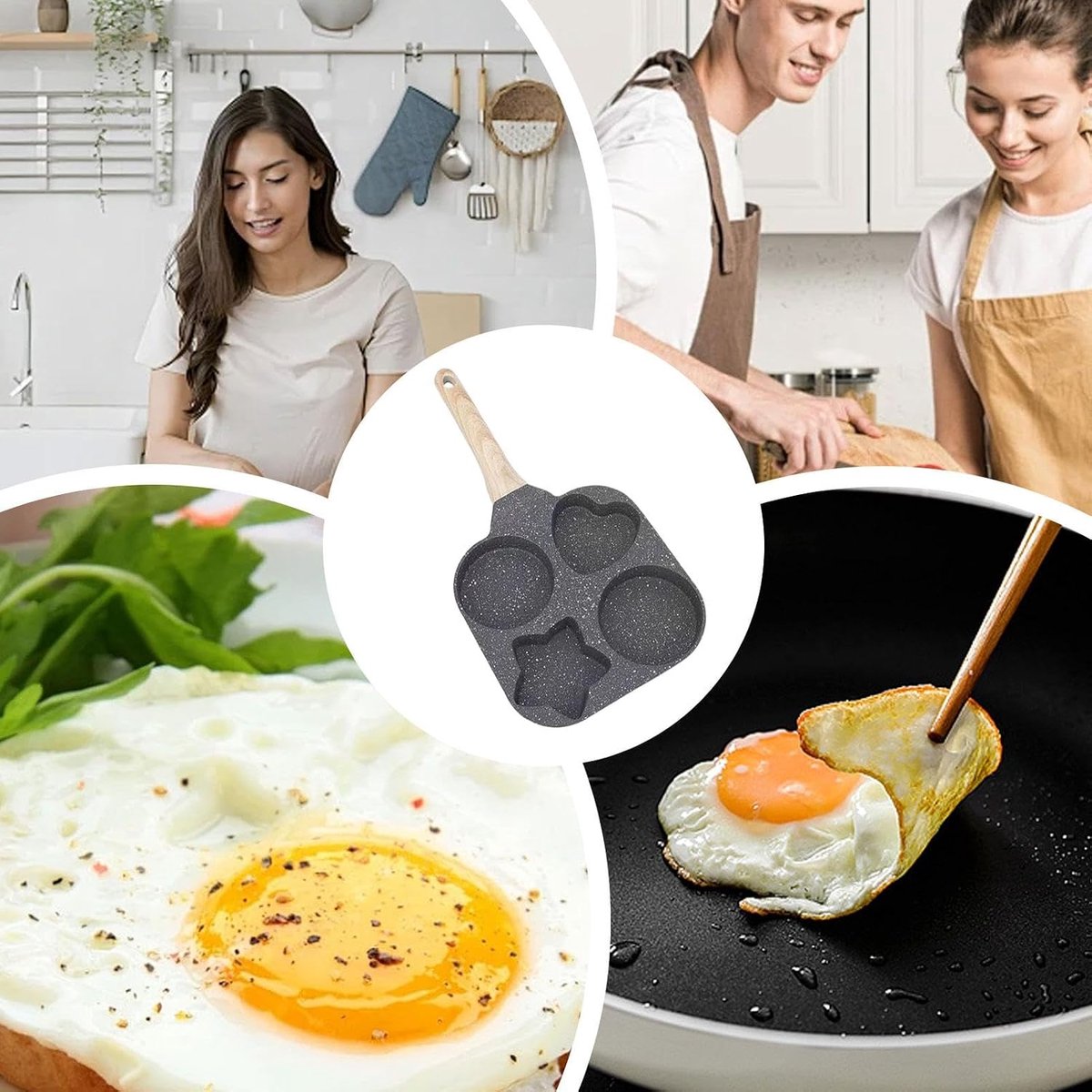 Koekenpan - Eierpan Omeletpan - Ontbijt Bakken - Vier Vormen - 18cm Diameter - Zwart