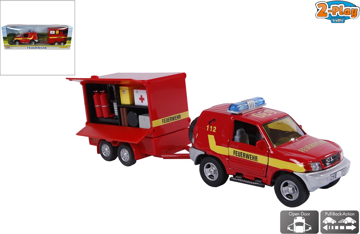2-play Duitse Brandweer Met Aanhangwagen Diecast 25 Cm Rood