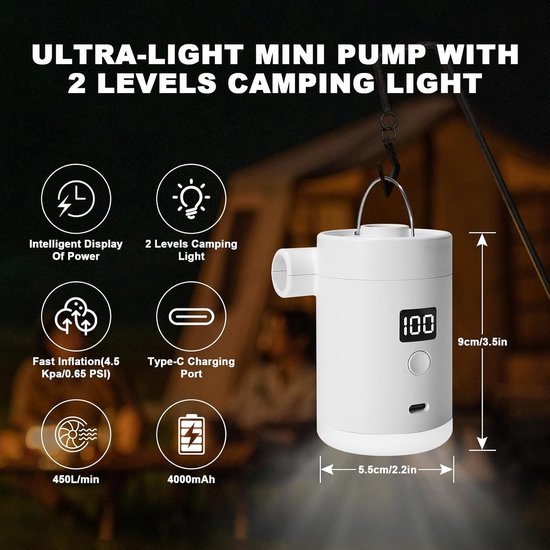 Mini Elektrische Luchtpomp - Draagbare Luchtbedpomp - Elektrische Vacuümpomp met LED - 4000mAh 280L/min - Geschikt voor Luchtbed, Zwemband & Vacuümzakken - Wit van MINI — afbeelding 2