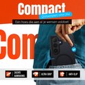 Zwarte telefoonhoes wordt in een broekzak gestopt. Tekst: "Compact" en "Ultra Grip".