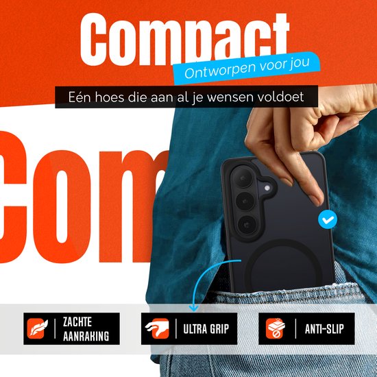 Zwarte telefoonhoes wordt in een broekzak gestopt. Tekst: "Compact" en "Ultra Grip".