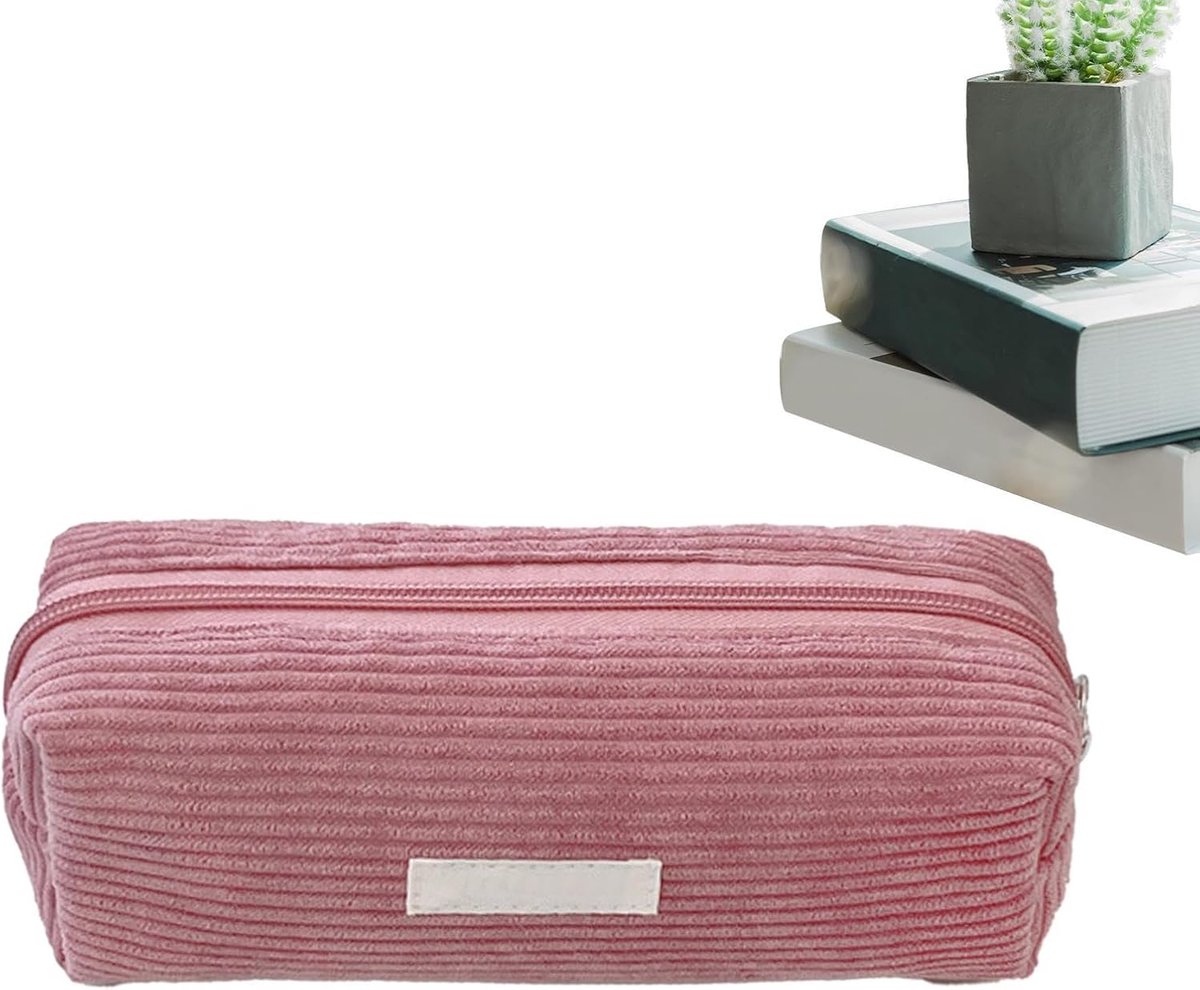 Corduroy Etui - Pennendoos Organizer - Briefpapier Opslag - Grote Capaciteit - 21 x 10 cm - Roze