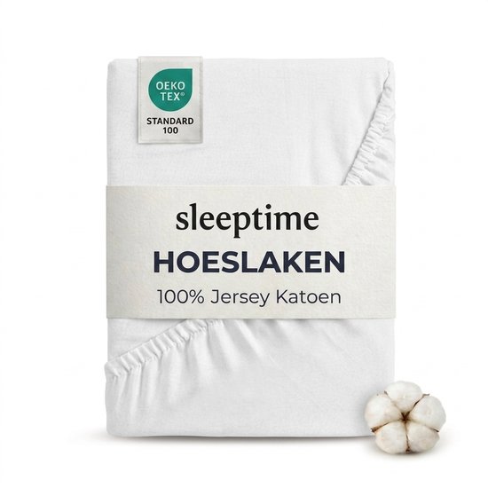 Een wit Sleeptime hoeslaken van 100% Jersey Katoen, met Oeko-Tex keurmerk.