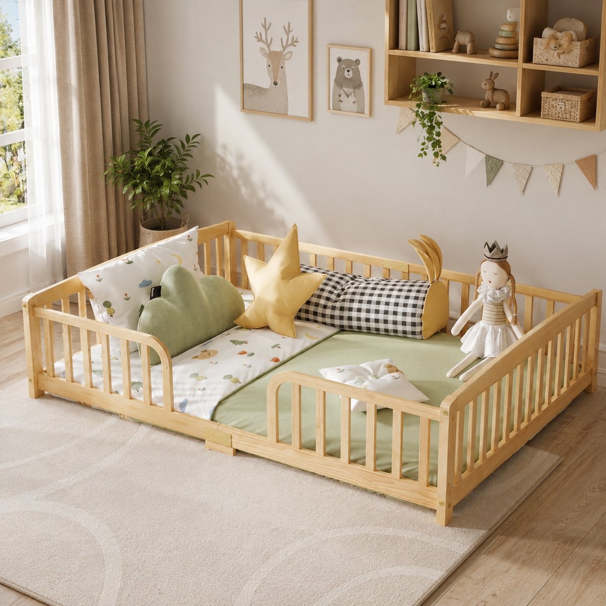Kinderbed 140x200 cm - Eenpersoonsbed - Vloerbed - Houten frame - Met veiligheidsreling - Hoofdingang - Veilig en comfortabel - Creëer een Veilige & Stijlvolle Slaapomgeving - Natuurlijke houtkleur