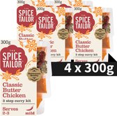 Vijf verpakkingen van "The Spice Tailor Classic Butter Chicken" met oranje en rood design, met de tekst "4 x 300g" op een zwarte band.