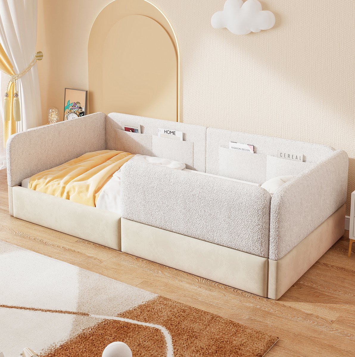 MEUNIQ gestoffeerd platformbed 90x200 cm met veiligheidshek, 4 opbergvakken en lattenbodem, eenpersoons bedframe voor slaapkamer, wit