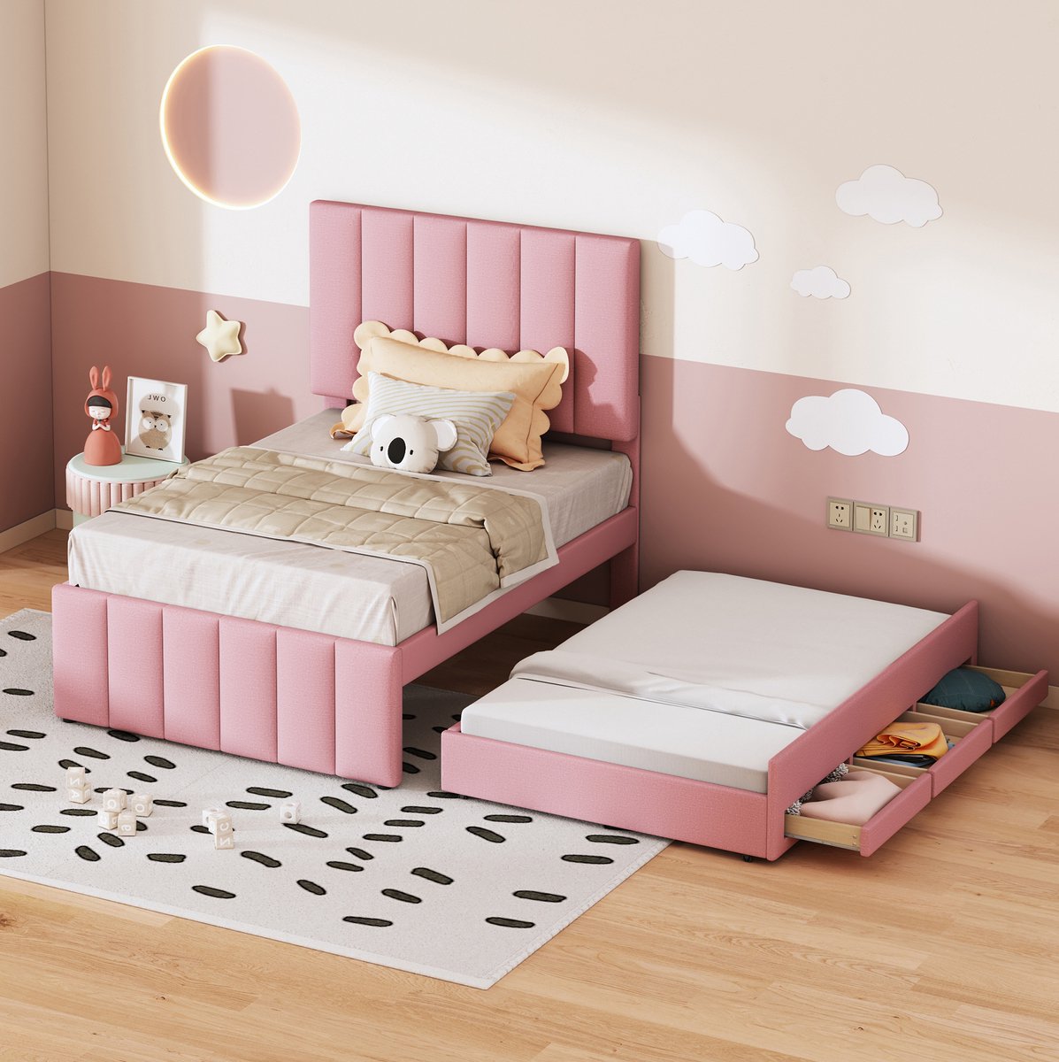 MEUNIQ Polsterbed 90 x 200 cm met uitschuifbed, 3 lades en verstelbaar hoofdbord, eenpersoons kinderbed of jeugdbed voor slaapkamer of logeerkamer, roze