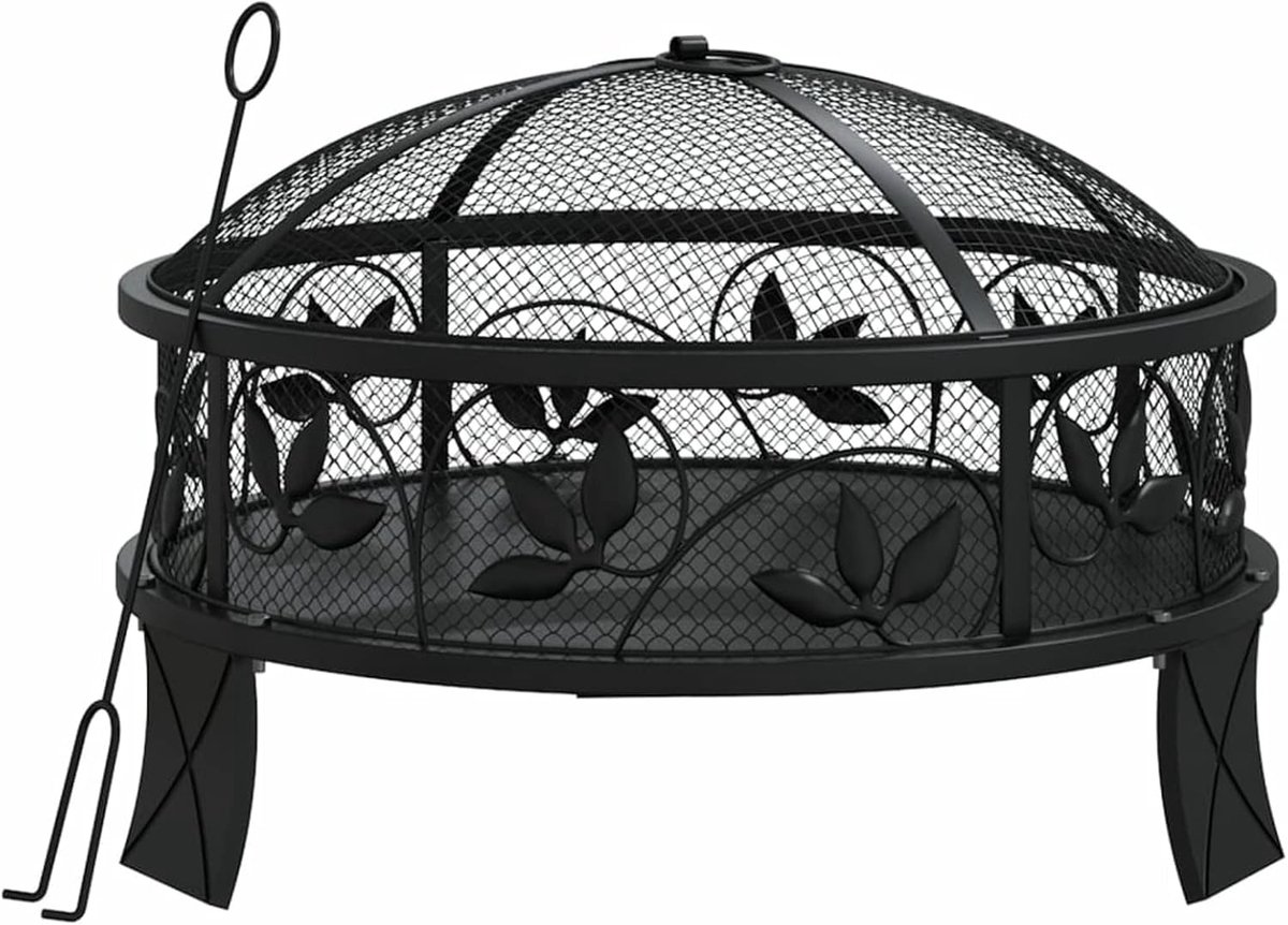 Vuurkorf met pookhaak - Buitenhaard Terrashaard - Terrasverwarming - Grote diepe schaal - 50 x 50 x 355 cm - Zwart