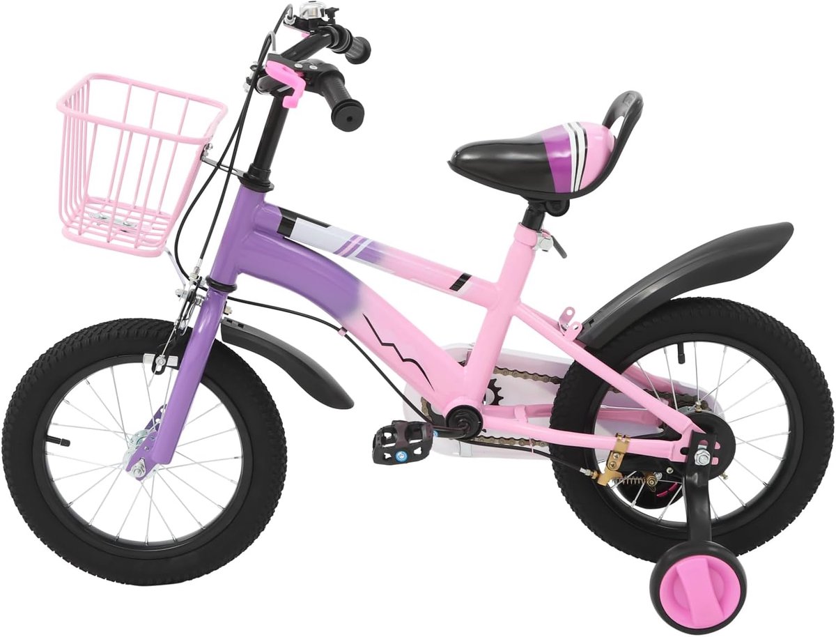 Kinderfiets - Loopfiets met pedalen - Fietsvaardigheid oefenen - Inclusief mandje - 14 inch - Paars