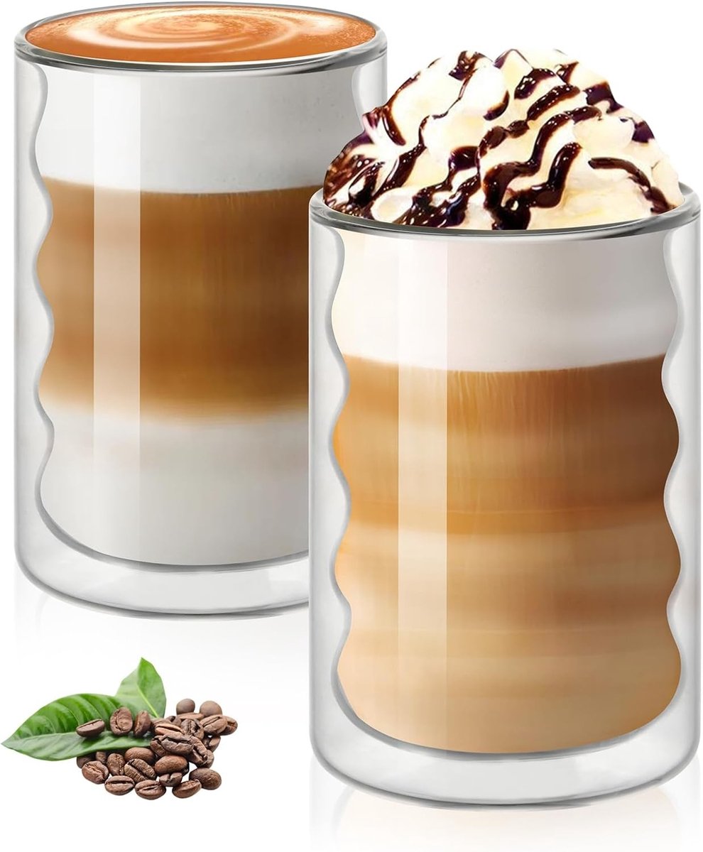 Geribbelde Glazen Beker Set - Borosilicaat Glas - Hittebestendig - Dubbelwandig - Voor Dranken