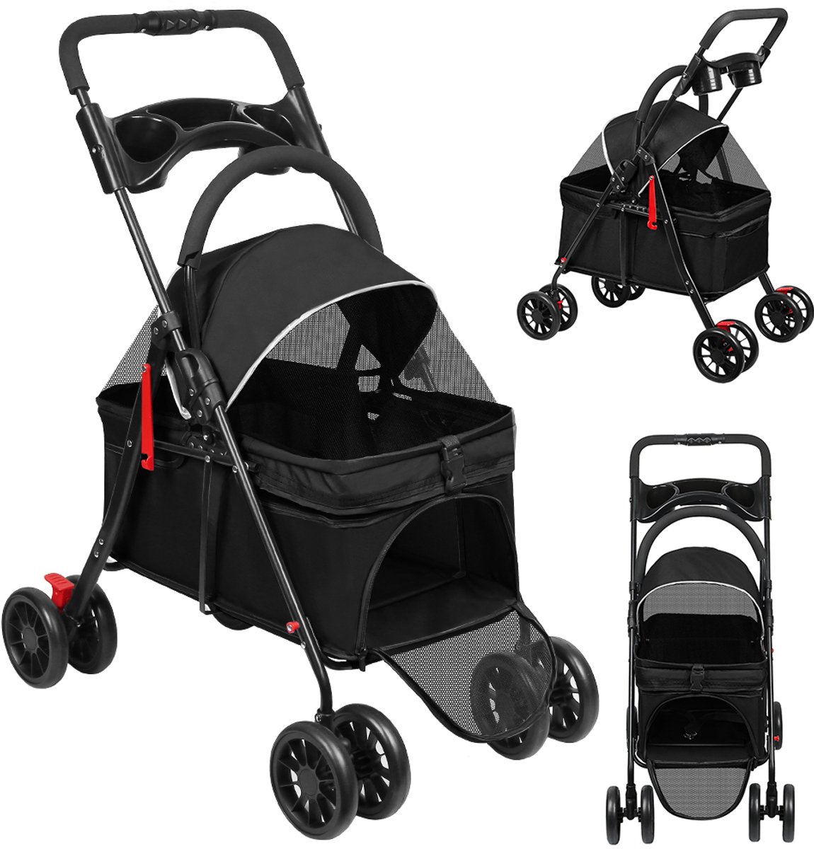 PIPIPOXER Huisdier wandelwagen-reiswagen huisdier-Hondenwagen voor kleine honden en katten tot 15kg-s - boodschappenmand en gaasraam-Vouwen en scheiden met één klik-Oxfordstof-zwart