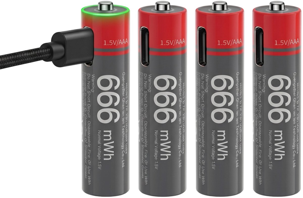 Yesido, 4x AA Batterijen Lithium 440mAh 1.5V 666mWh Oplaadbaar USB-C, Zwart / Rood