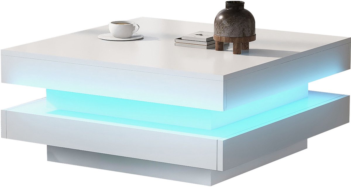 FLIEKS Vierkante salontafel 70x70x36 cm - modern technologiestijl - met LED-verlichting - wit