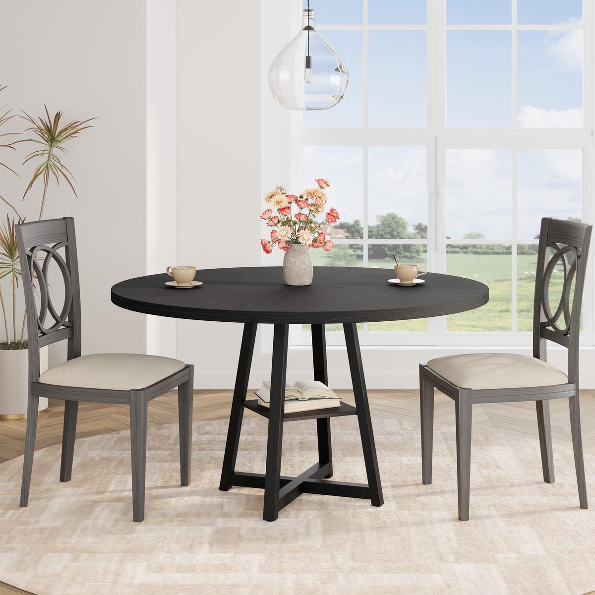 Ronde Eettafel met Opbergrek - Stevig Metalen Onderstel - 120x120x75cm - Industrieel Rustiek Tafelblad - Ruimtebesparend - voor 4-6 Personen - Voor Woonkamer Eetkamer Appartement - Zwart
