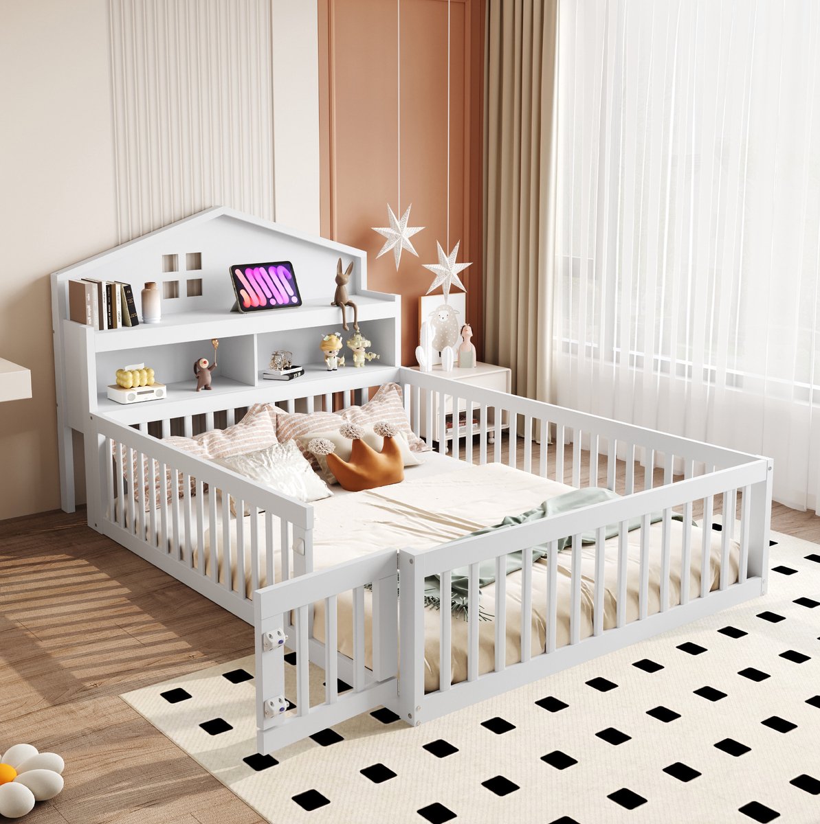 MEUNIQ Kinderbed 140 x 200 cm huisbed met opbergvakken, beschermhek, deur en lattenbodem, lage bedombouw voor kinderkamer, wit