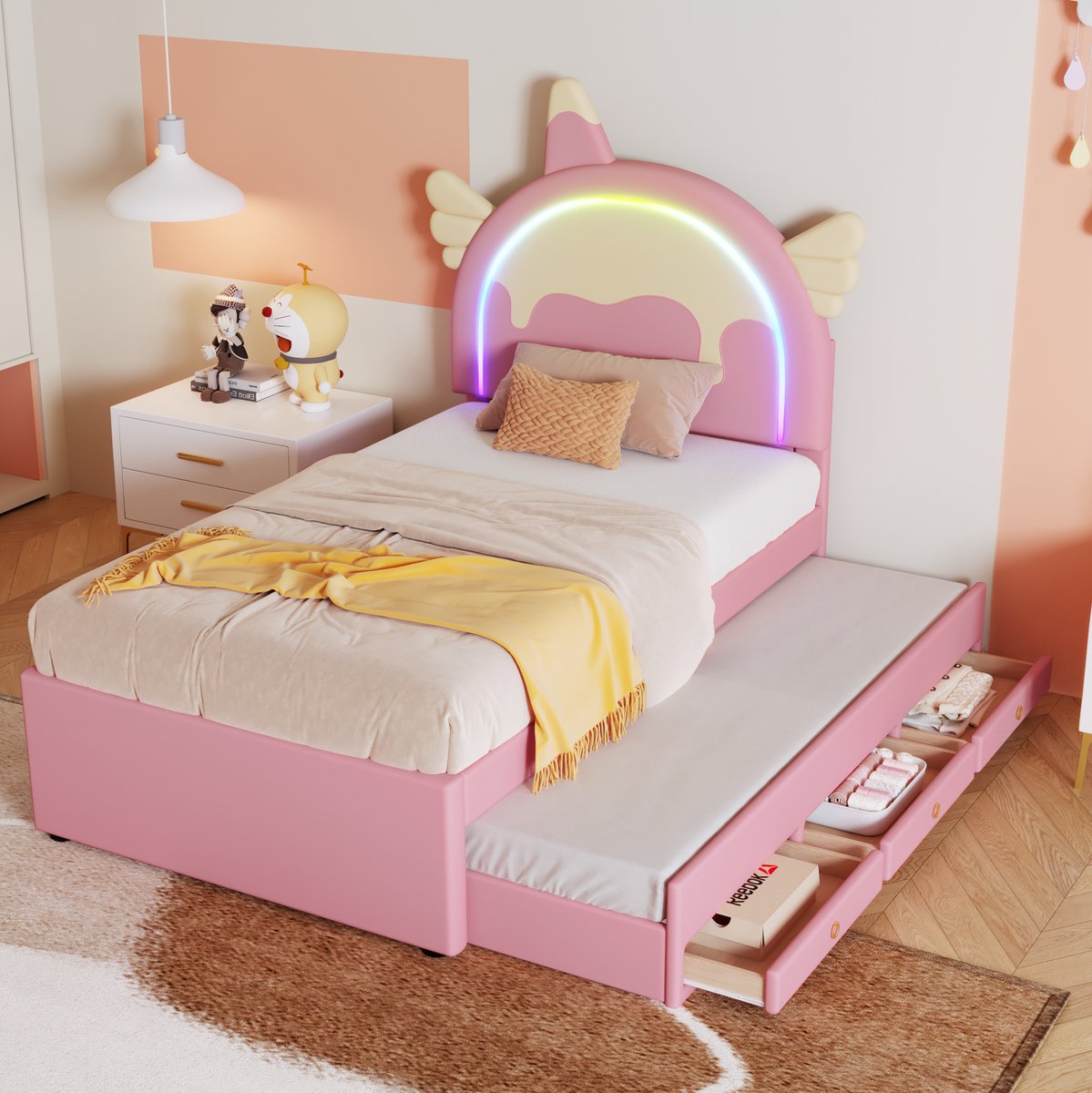MEUNIQ Kinderbed 90x200 cm eenhoorn met uitschuifbaar rolbed en lades, normaal bed van kunstleer en MDF, lattenbodem, voor kinderkamer, roze
