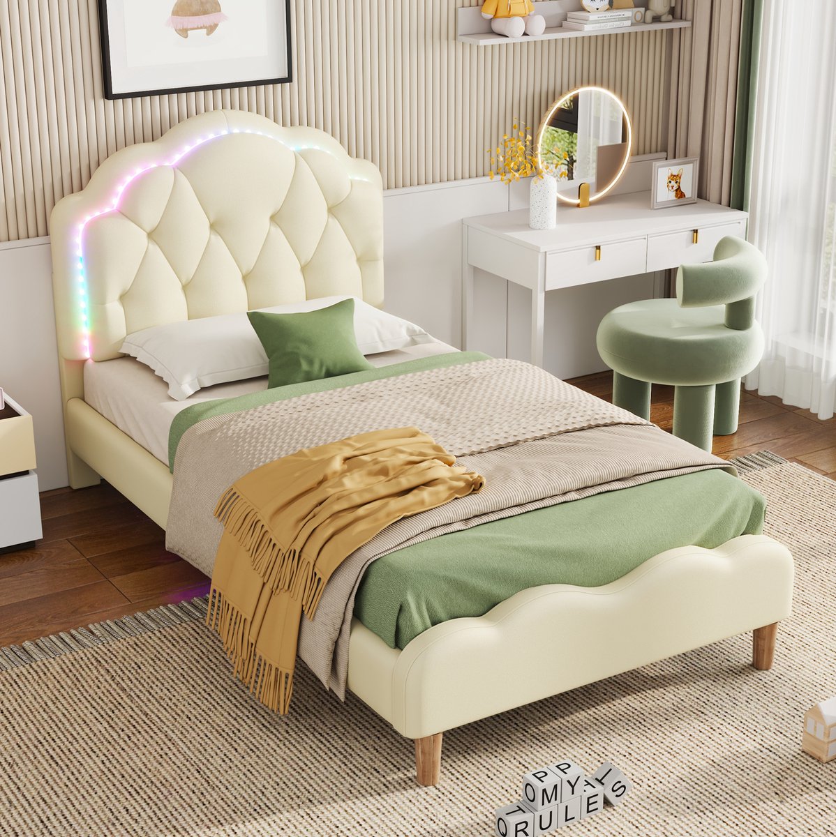 MEUNIQ kinderbed 90x200 cm met LED-verlichting, golvend hoofdbord en voetbord, houten lattenbodem, eenpersoons bed van kunstleer voor kinderkamer, beige