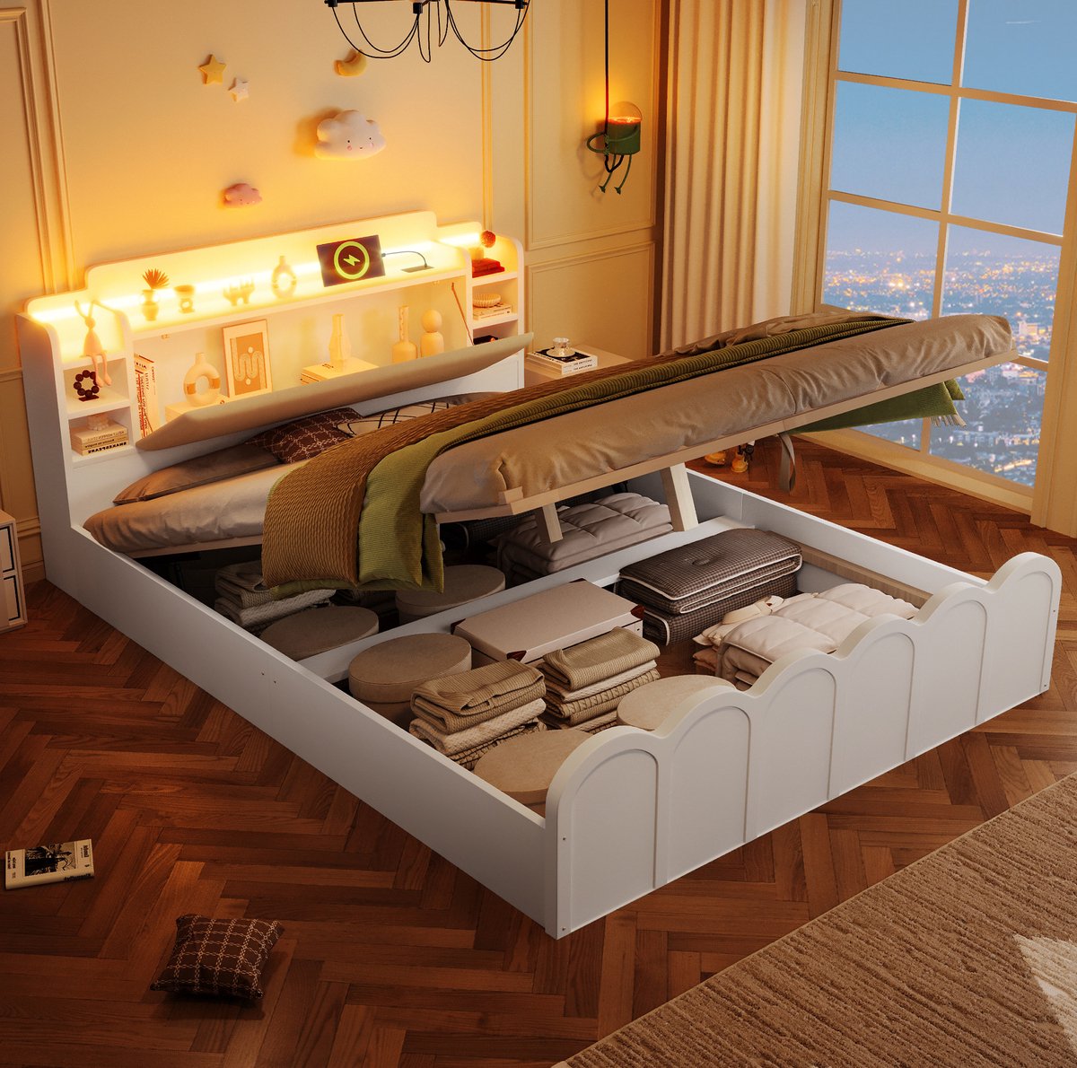 MEUNIQ bed 140x200 cm met hydraulische opbergruimte, LED-verlichting, USB en USB-C, gestoffeerd hoofdbord, open vakken en lattenbodem, slaapkamer, wit