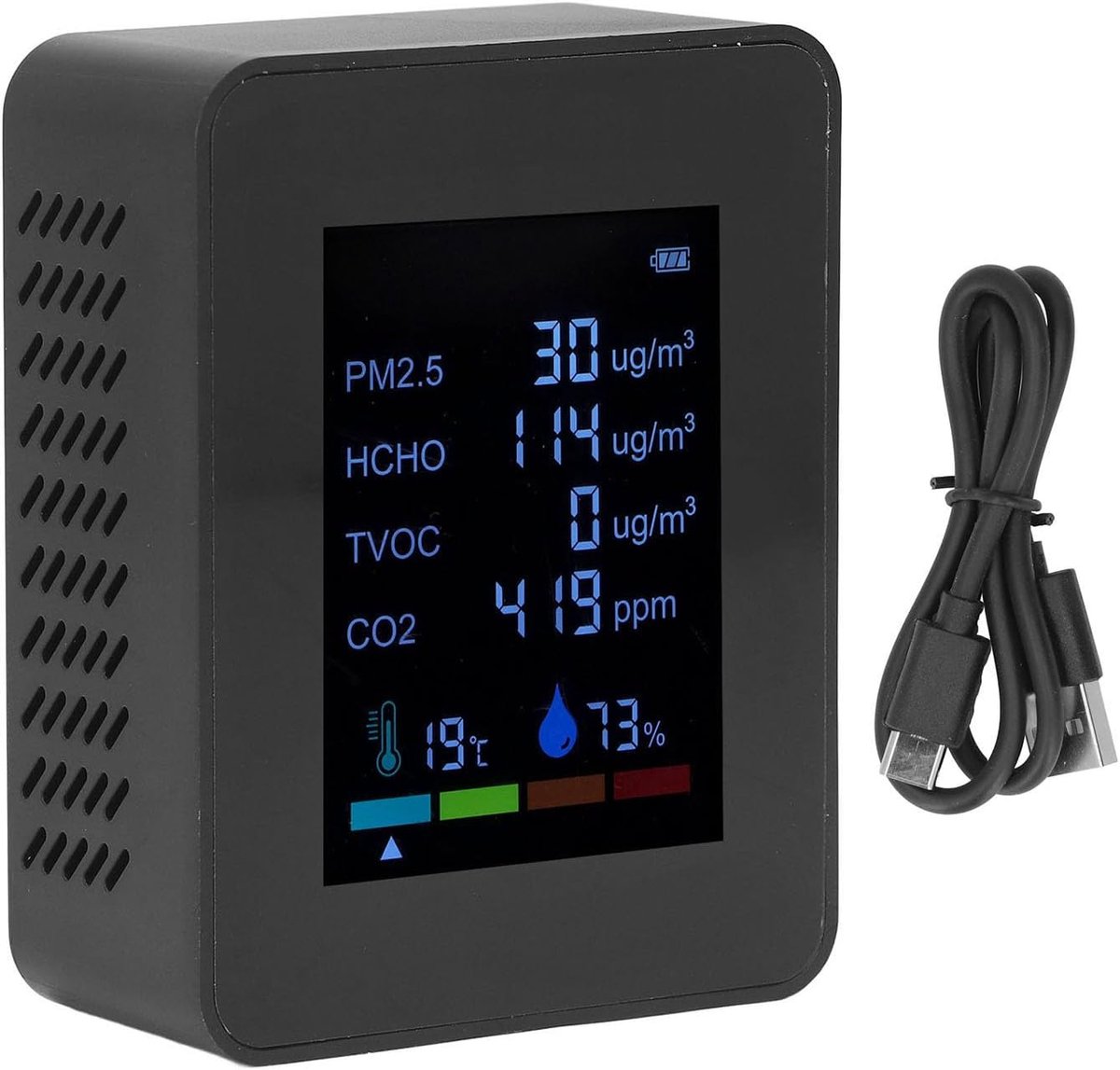 Luchtkwaliteit Monitor - CO2 Meter - Binnenmilieu Meten - 6-in-1 Detector - 9 x 7 x 3.2 cm - Zwart