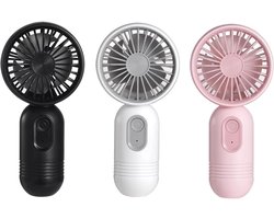 Driedelige set - Handventilator - Drie windsnelheden - Gemakkelijk vast te houden of in een tas te stoppen - Oplaadbaar via USB of batterij - Stille werking - Perfect voor op reis, kamperen of buitenactiviteiten - Verkrijgbaar in roze, wit en zwart