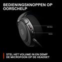 Close-up van een zwarte gaming headset. "Bedieningsknoppen op oorschelp" tekst toont mic mute en volume.