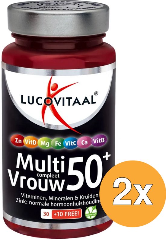 Lucovitaal Multi Compleet Vrouw 50+ pot met vitamine-icoontjes en '30 +10 FREE!'