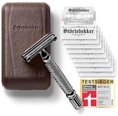 Störtebekker® Premium Safety Razor 'Hamburg' (Zwart) - incl. leren etui (Café) en 10 scheermesjes - Scheerset Unisex - Scheermes / Veiligheidsscheermes - Double Edge / Single Blade Razor Zero Waste