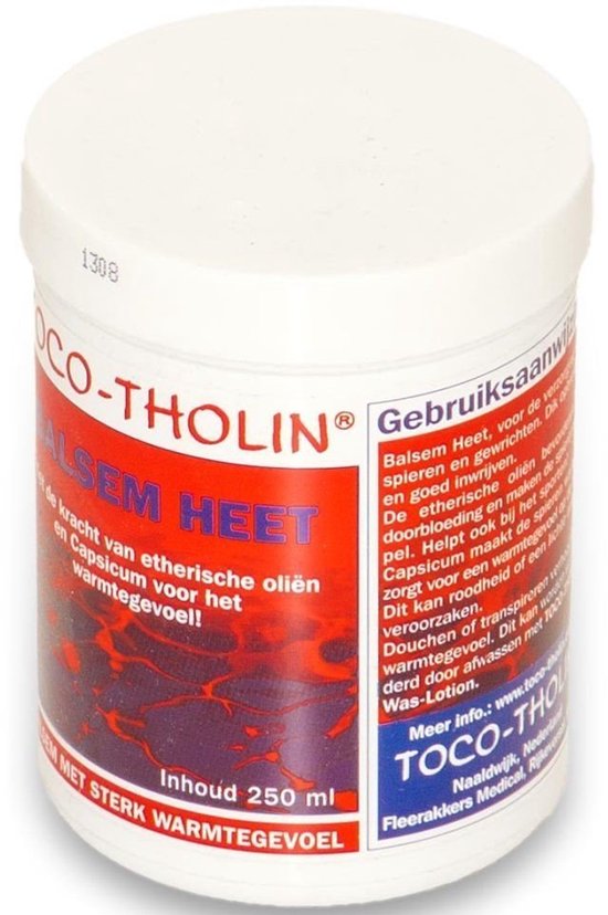 Pot TOCO-THOLIN Balsem Heet met rode, golvende print. 'Balsem met sterk warmtegevoel'.