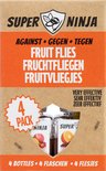 Super Ninja 4-pack fruitvliegjesval in oranje en kartonnen verpakking met afbeeldingen van fruit en vliegjes.