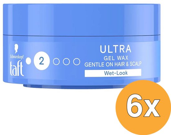 Blauwe pot Taft Ultra Gel Wax met hold level 2 en 'Wet-Look' label, aangegeven als 6x.