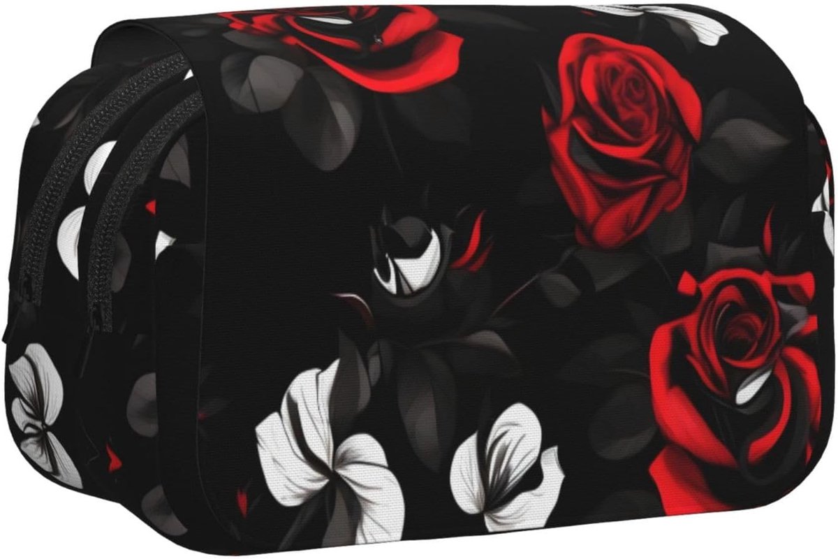 Etui Bloemenprint - Pennendoos Organizer - Briefpapier Opbergen - Duurzaam Oxford Doek - Ruim 50 Pennen - Zwart