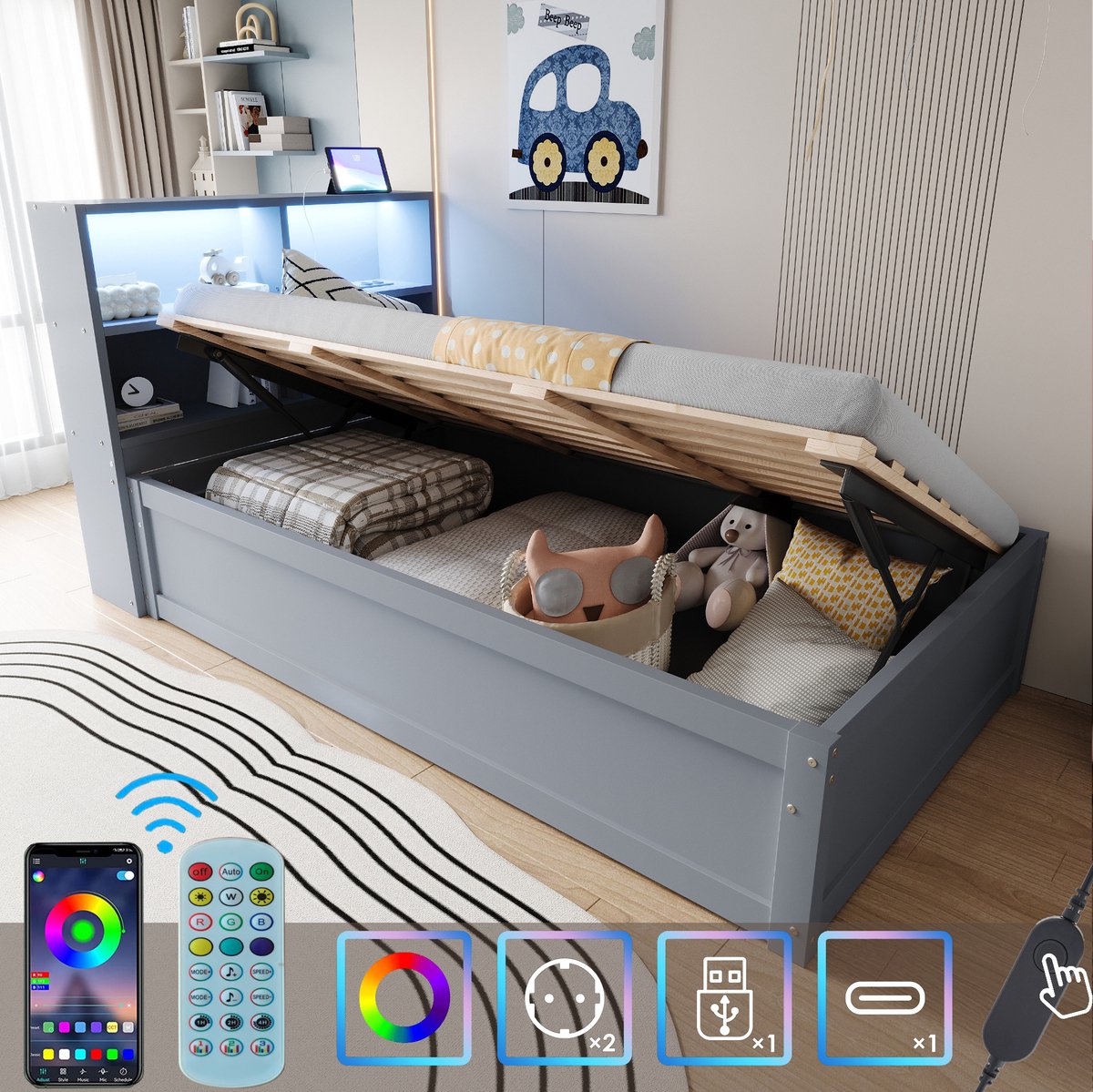 MEUNIQ eenpersoonsbed 90x200 cm met hydraulische opbergruimte, 4 opbergvakken, LED-lichtstrip en multifunctionele stekkerdoos, houten bedframe voor slaapkamer of logeerkamer, grijs