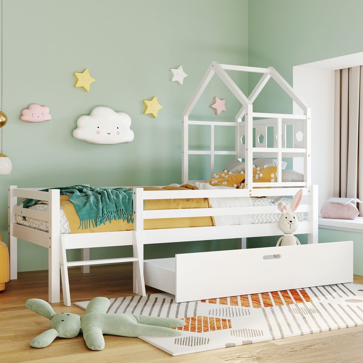 MEUNIQ Kinder hoogslaper 90x200 cm met ladder, lade, lattenbodem en uitvalbeveiliging, wit huisbed voor kinderkamer met opbergruimte