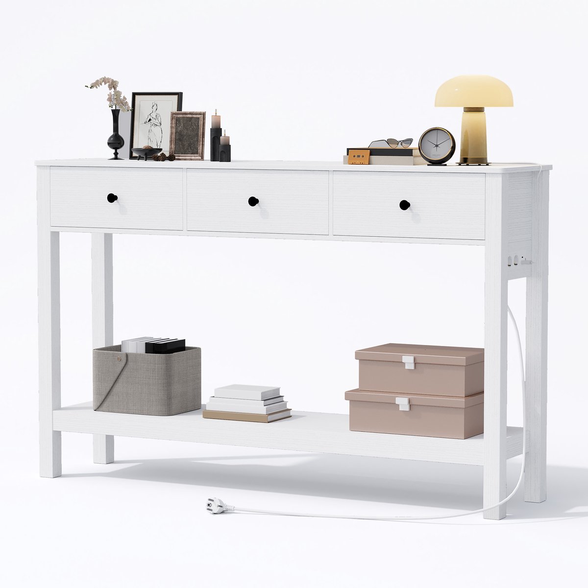 Xbro Consoletafel, Haltafel met 3 Lades en Opbergplank, Sidetable met EU-Stopcontact en USB,Wit