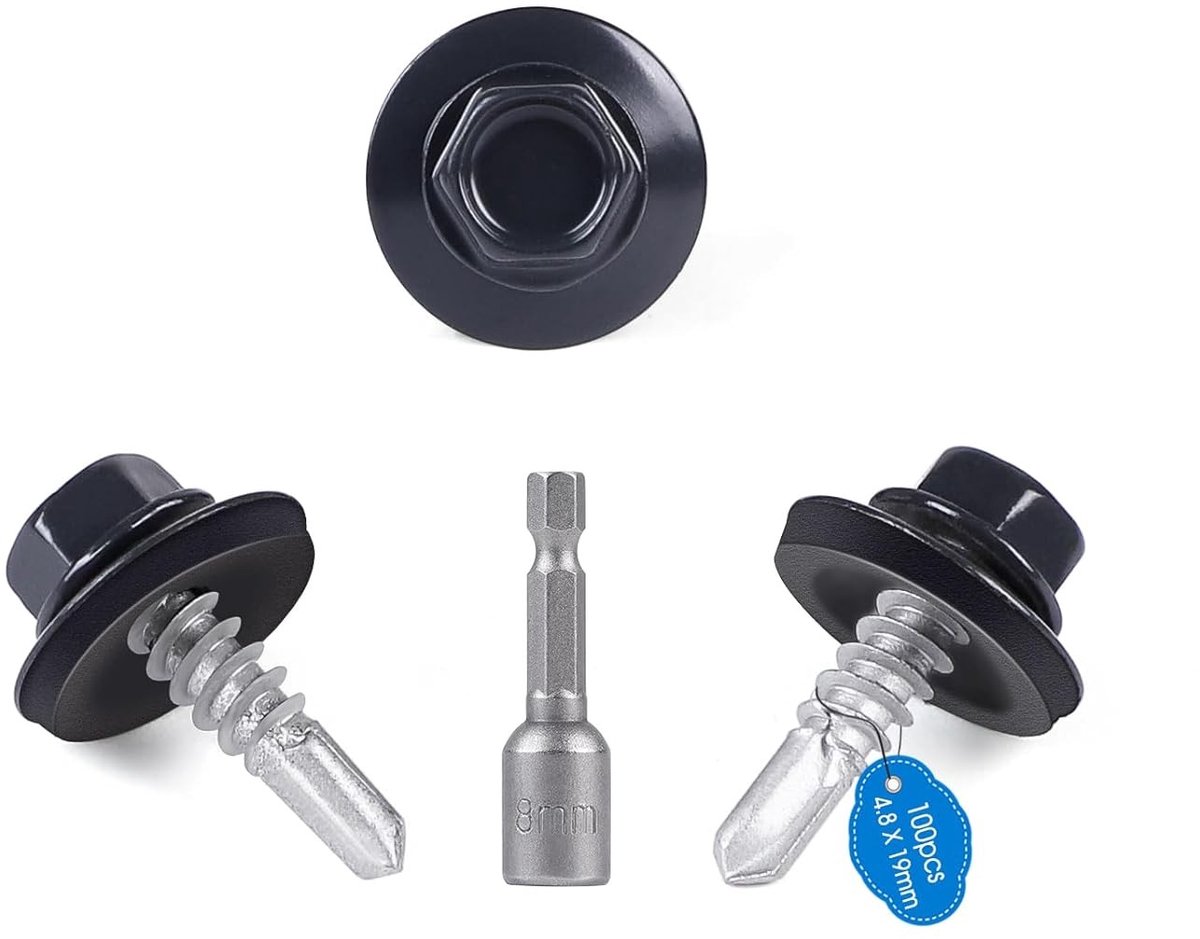 Set van 100 zelfborende schroeven voor metaal, diameter 4.8 x 19 mm, met hexagonale schijfkop, EPDM ringetjes en M8 steeksleutel, ideaal voor constructies en bevestigingen.