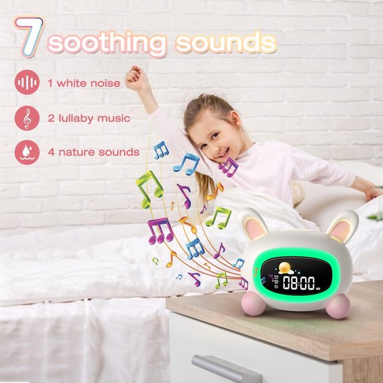 Lichtwekker Kinderen - Slaaptrainer Digitale Wekker - Kinderen Leren Klokkijken - Met Kleur en Symbool - Niet gespecificeerd - Wit Roze — afbeelding 4