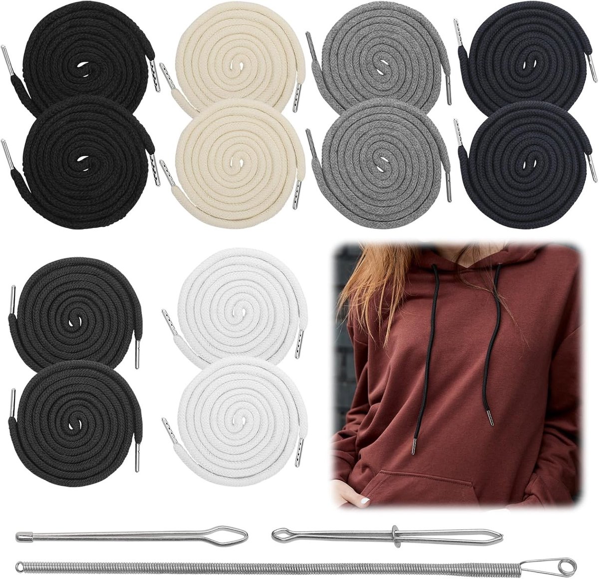 Joggingbroek Koord 130 cm Katoen met Trekhaak en Metalen Einden, Vervangende Touwtjes voor Hoodies, Broeken en Sweaters in 6 Kleuren - Compleet Set