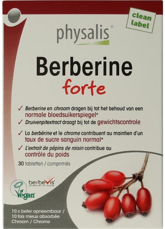 Verpakking van Physalis Berberine forte met rode bessen en 'clean label' vermelding.