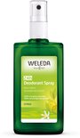 Groene Weleda Citrus Deodorant Spray fles met witte dop en een label met citroenen en een bloem.