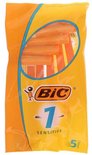 Verpakking met 5 BIC 1 Sensitive wegwerpscheermesjes. Oranje handvatten en mesjes.